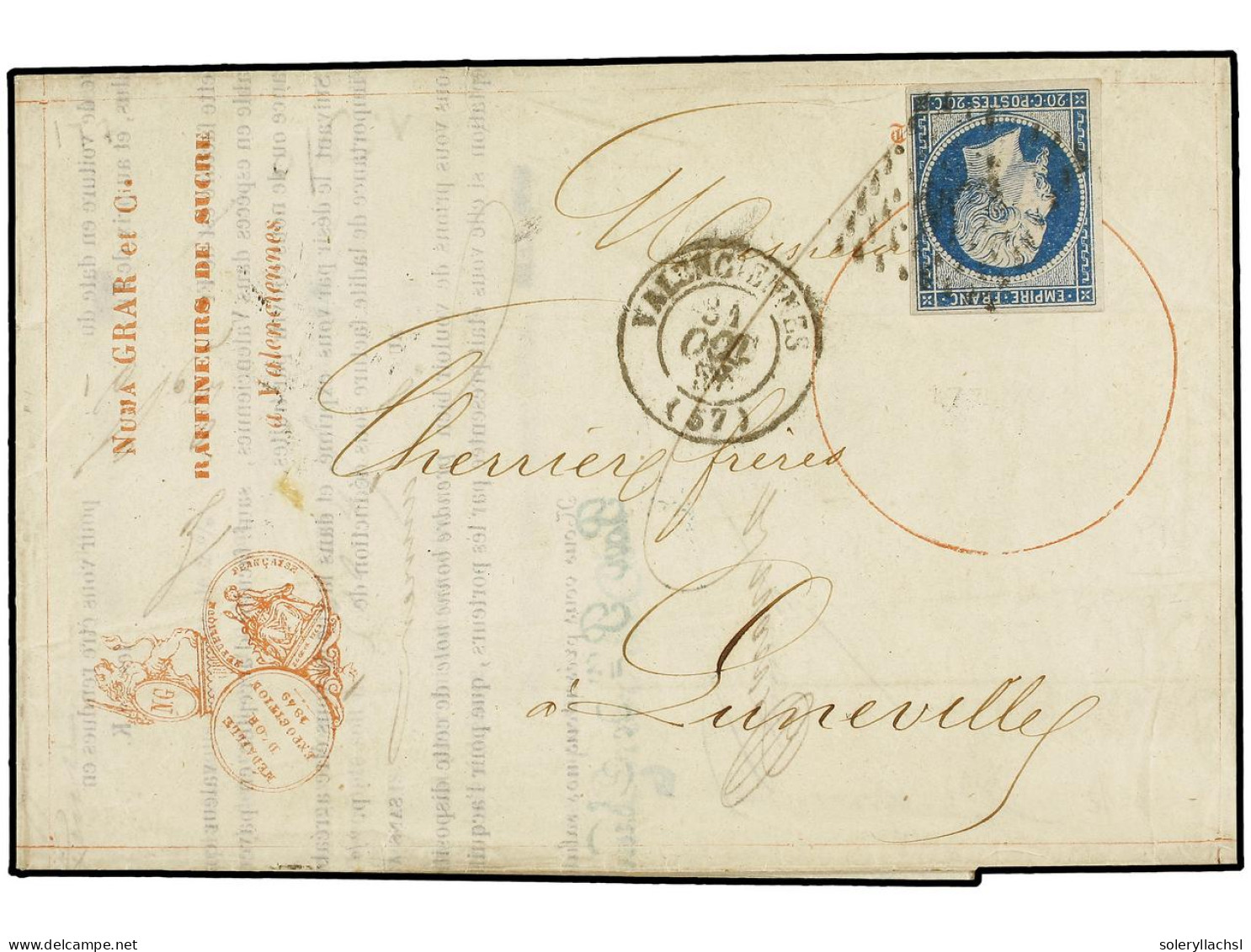 FRANCIA. 1857. VALENCIENNES A LUMEVILLE. 20 Cts. Azul Sobre Envuelta-formula Con Publicidad Impresa RAFFINEURS DE SUCRE/ - Andere & Zonder Classificatie