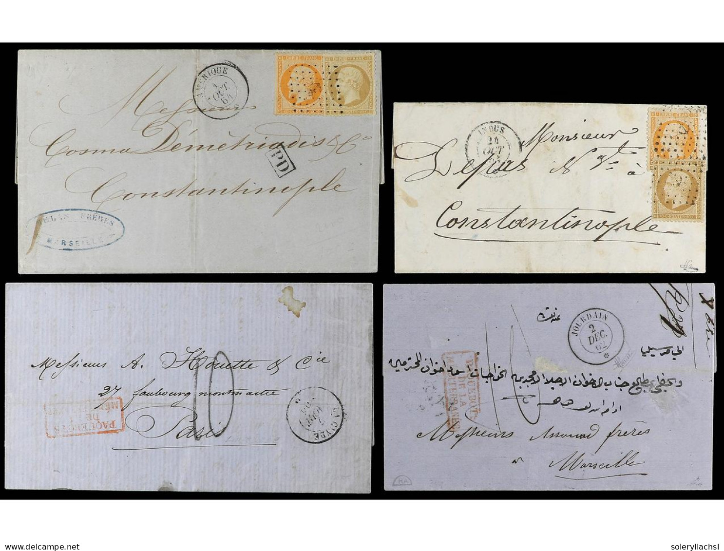 FRANCIA. 1858-64. PAQUEBOTS DE CE. MEDITERANEE. Group Of Nine Covers With Cds. Cachet AMERIQUE, INDUS, JOURDAIN, LA CLYD - Autres & Non Classés