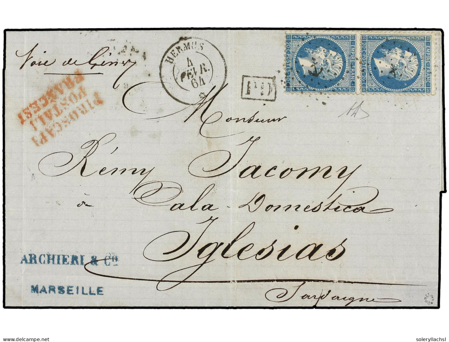 FRANCIA. 1864. MARSEILLE A IGLESIAS (Cerdeña, Italia). 20 Cts. Azul (2), Mat. ANCLA Y Fechador Del Paquebot HERMUS/* (Sa - Other & Unclassified