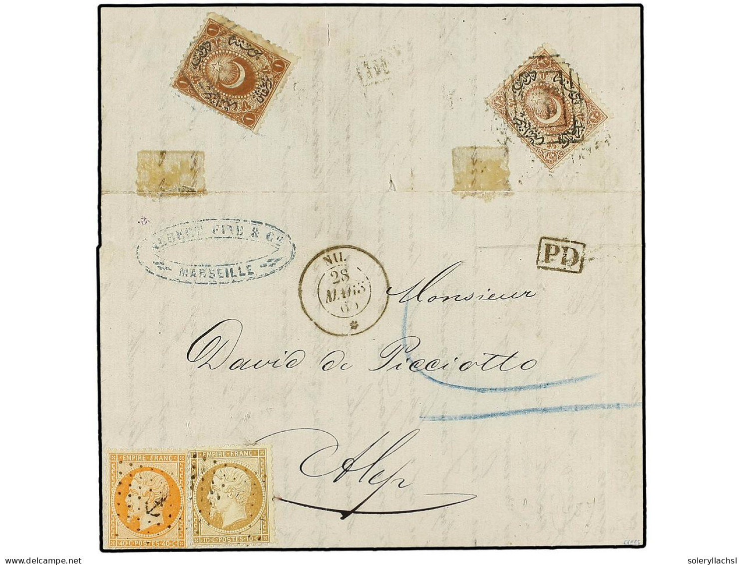 FRANCIA. 1865. MARSEILLE A ALEP (Syria). 10 Cts. Bistre Y 40 Cts. Naranja, Mat. ANCLA Y Fechador Del Paquebot NIL/* (Sal - Other & Unclassified