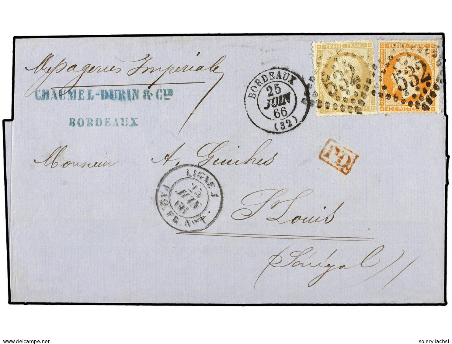 FRANCIA. 1866 (June 25). Cover From BORDEAUX To ST. LOUIS (Sénégal), Endorsed 'Messageries Imperiales', Franked By 1862  - Andere & Zonder Classificatie