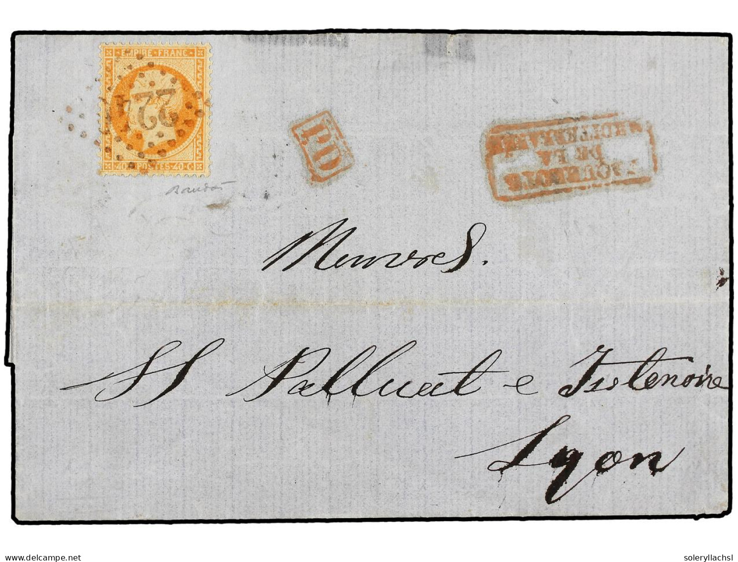 FRANCIA. 1869. VOLO (Grecia) A LYON. 40 Cts. Naranja, Mat. A La Llegada Con El Rombo De Puntos '2240' De Marseilla En Ro - Andere & Zonder Classificatie