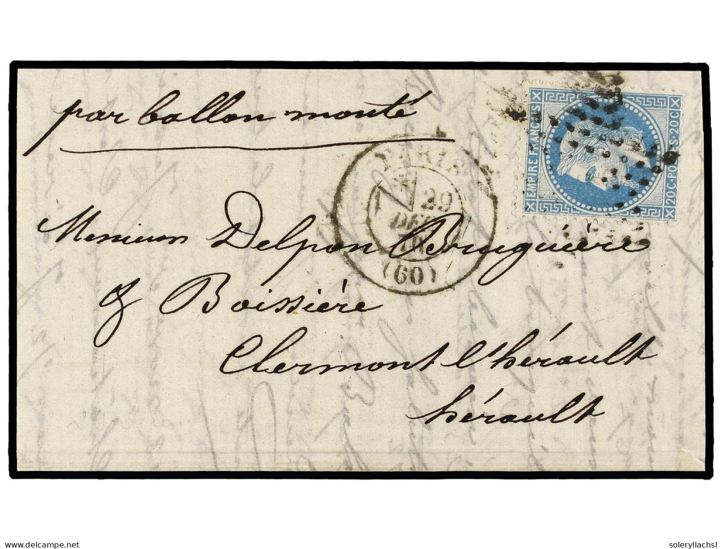 FRANCIA. 1870 (Dec. 29). PARIS To CLERMONT L'HERAULT. BALLOON 'L'ARMEE DE LA LOIRE'. Entire Letter Franked With 20 Cts.  - Sonstige & Ohne Zuordnung