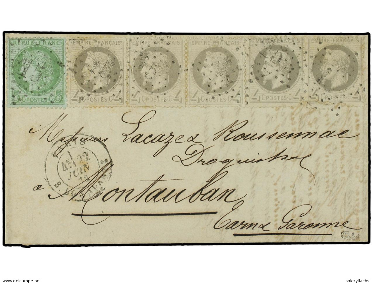 FRANCIA. 1872 (June 22). Entire Letter To Montauban With Mixed Issue Franking Of 1872 5c. Green On Greenish And 1867 4c. - Other & Unclassified