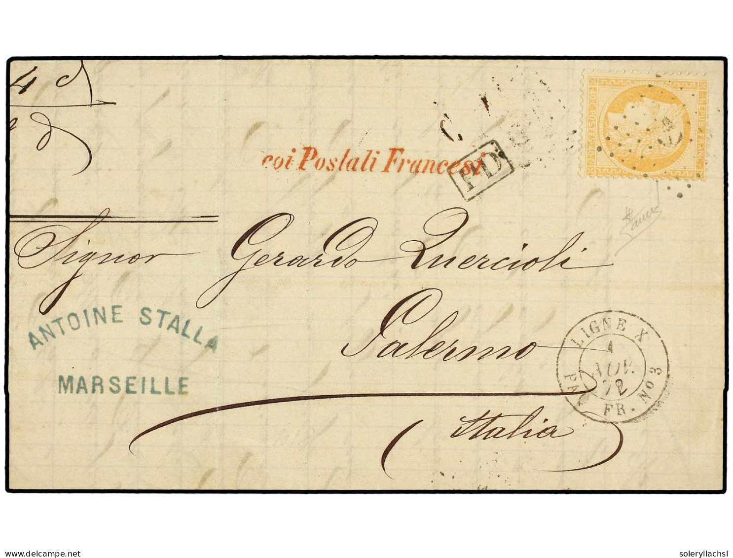 FRANCIA. 1872. MARSELLA A PALERMO. 40 Cts. Naranja, Mat. ANCLA Y Fechador LIGNE X/PAQ. FR. Nº 3 Y Lineal COI POSTALI FRA - Sonstige & Ohne Zuordnung