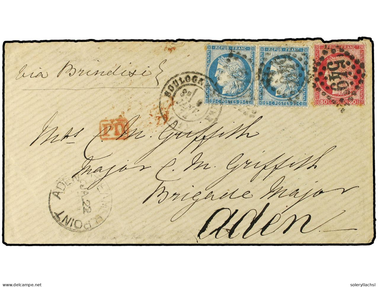 FRANCIA. 1874 (Jan 9). Cover From Boulogne Via Brindisi To Aden, Franked By 1871-75 25c. Blue (2) And 80c. Carmine Tied  - Autres & Non Classés