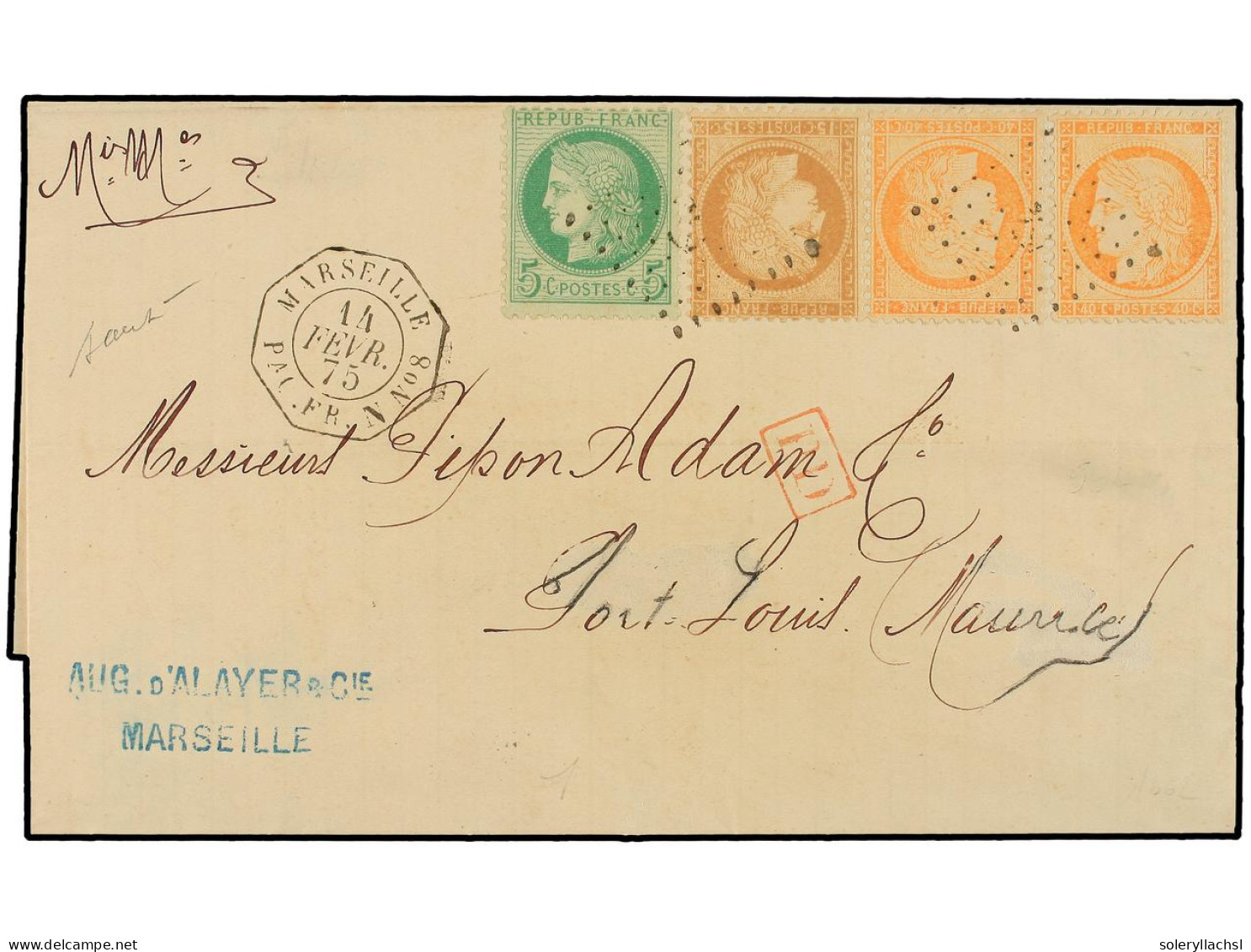 FRANCIA. 1875 (Feb. 14). Cover From MARSEILLE To PORT LOUIS (Mauritius) Franked By Siege 40c. Orange (2), 1871/75 5c. Gr - Andere & Zonder Classificatie