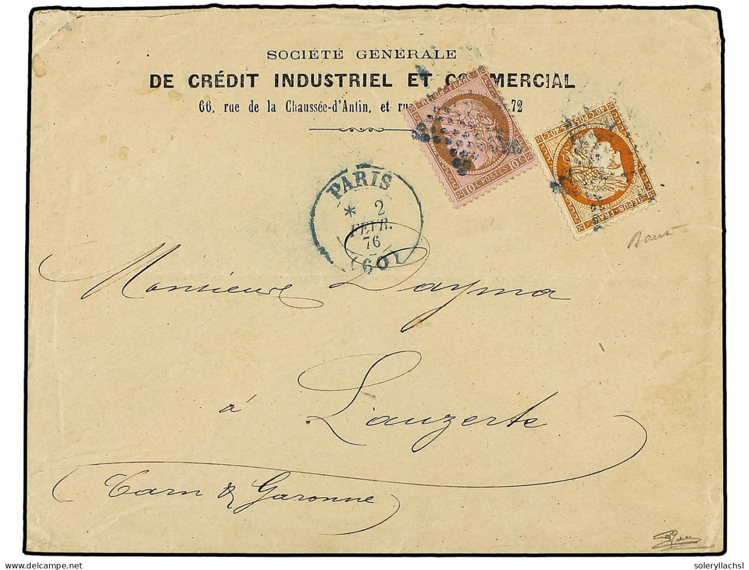 FRANCIA. 1876. PARIS A LAUZERTE. 10 Cts. Castaño Y 40 Cts. Naranja Mat. Estrella De París En AZUL. RARA. F. BAUDOT Y GOE - Autres & Non Classés