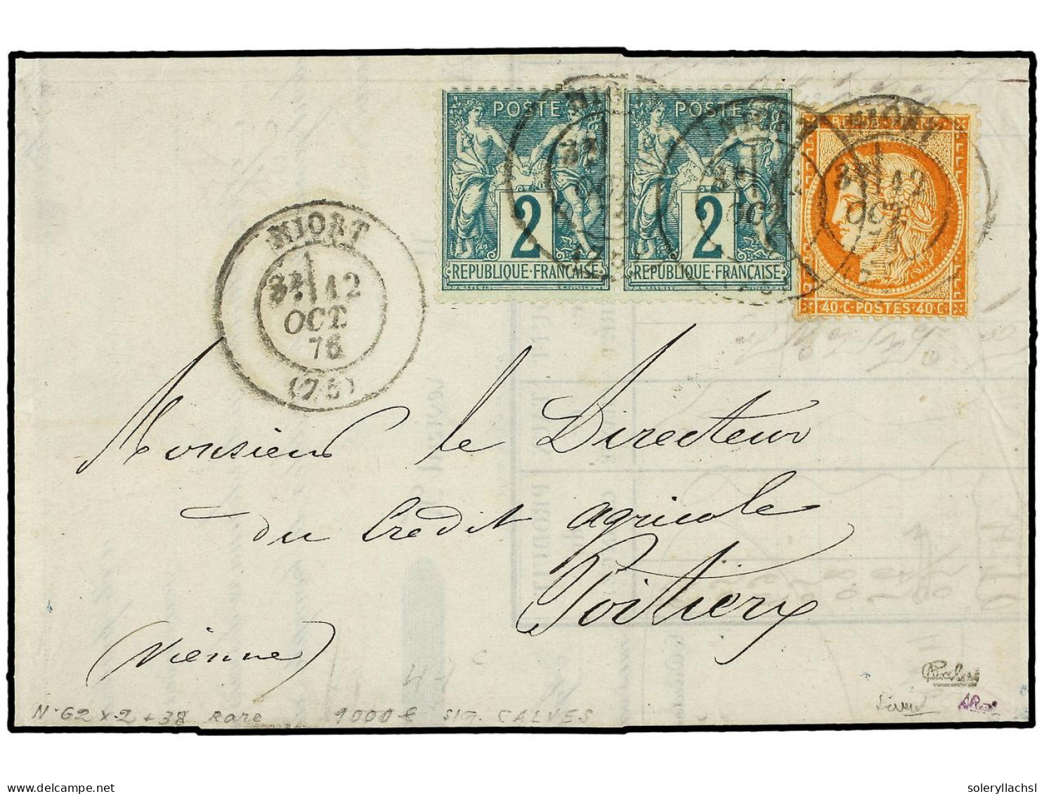 FRANCIA. 1876. NIORT A POITIERY. 2 Cts. Verde Tipo II (2) Y 40 Cts. Naranja. Muy Rara Combinación De Franqueo. F. CALVES - Andere & Zonder Classificatie