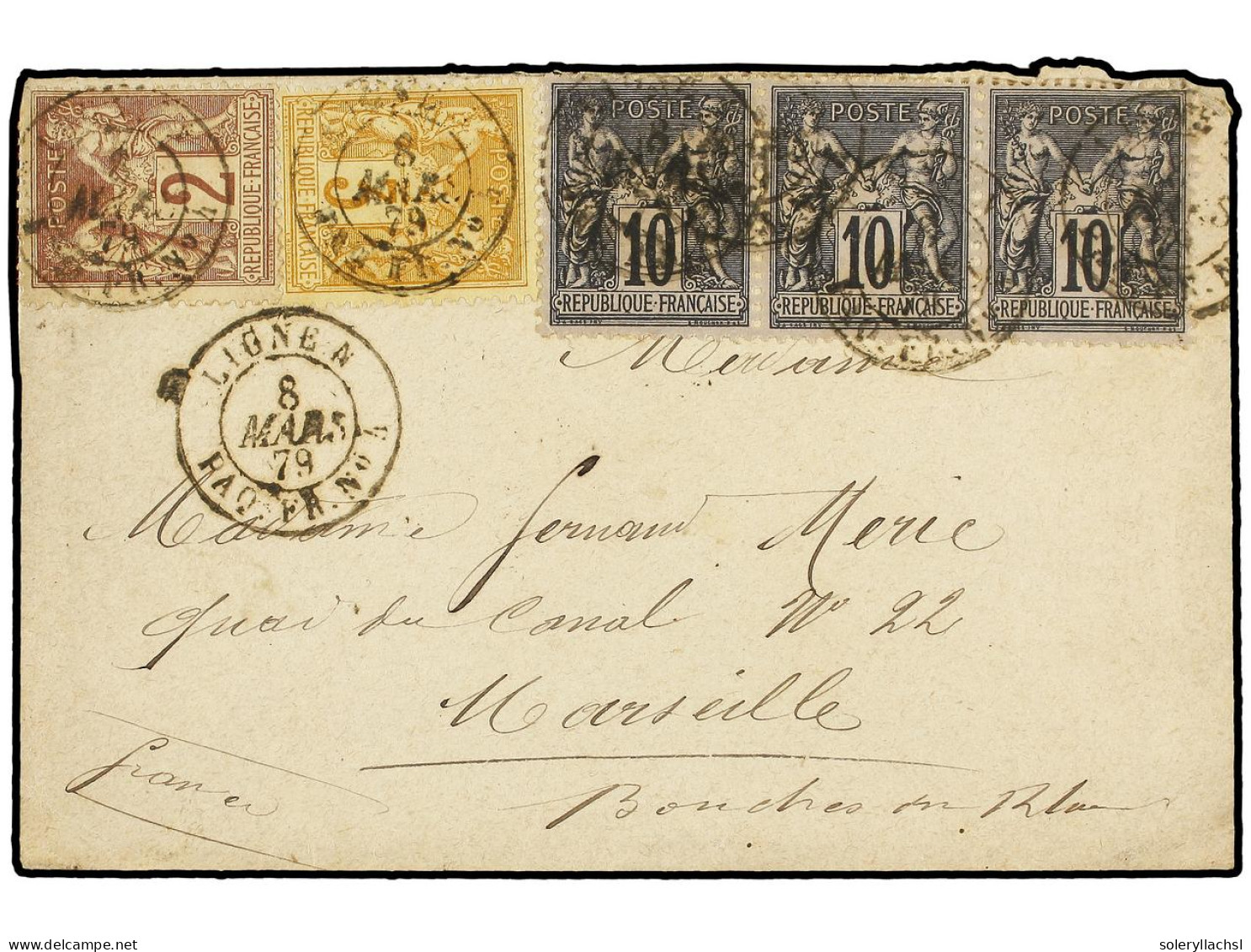 SINGAPUR. 1879 (March 8). Cover From SINGAPORE To MARSEILLE Franked By France Type Sage 2c. Brown, 3c. Yellow Buff And 1 - Sonstige & Ohne Zuordnung