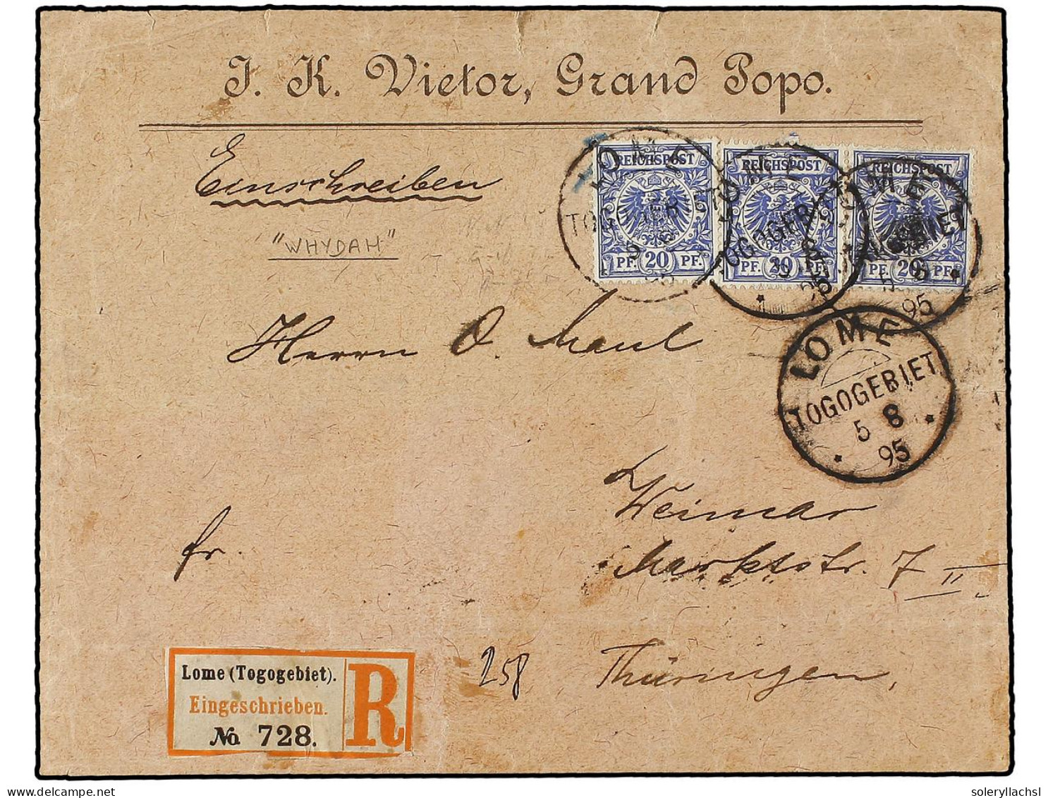 BENIN. 1895. WHYDAH. GRAND POPO To GERMANY. Cover Sent Via LOME (German Cameron) With Three German Stamps Of 20 Pf. Blue - Autres & Non Classés