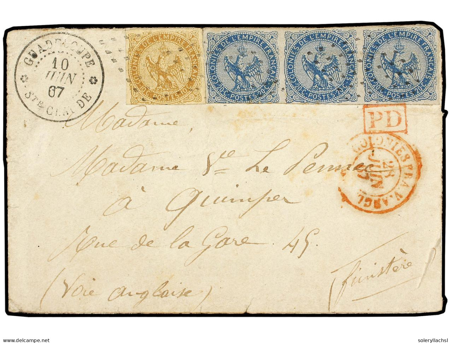 GUADALUPE. 1867 (June 10). Cover To FRANCE Franked By General Issue 1859/65 Eagle 10c. Bistre Brown And Horizontal Strip - Andere & Zonder Classificatie