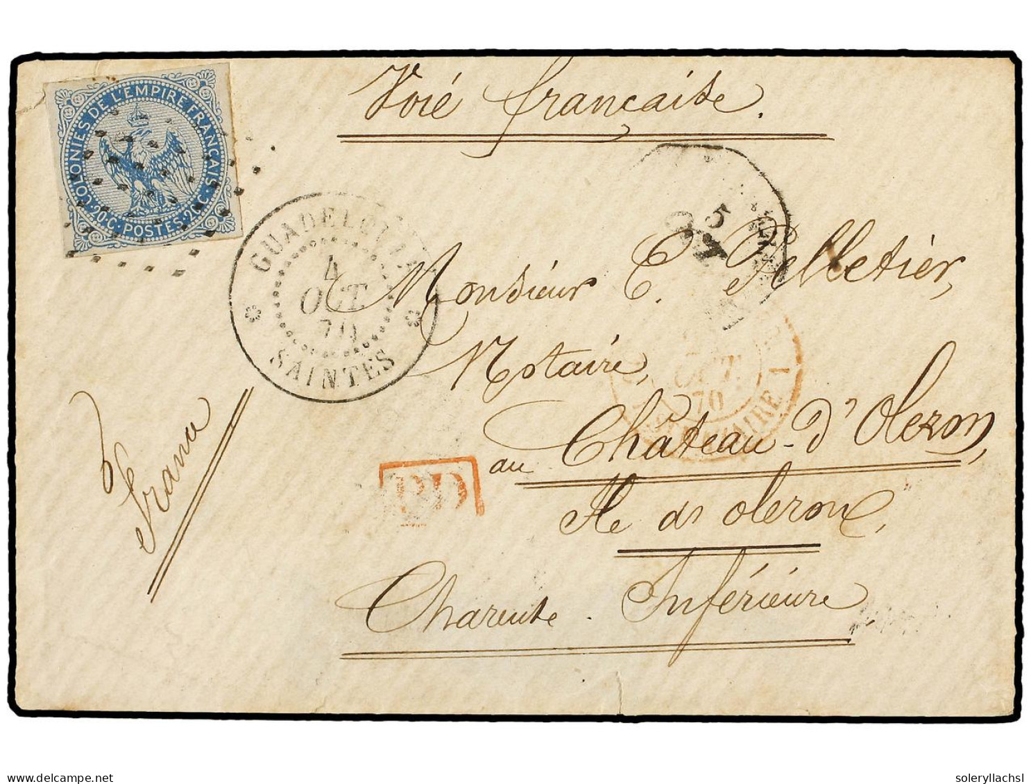 GUADALUPE. 1870 (Oct 4). Cover To FRANCE Franked At Military Concession Rate With 1859-65 Eagle 20 C. Blue Cancelled By  - Sonstige & Ohne Zuordnung