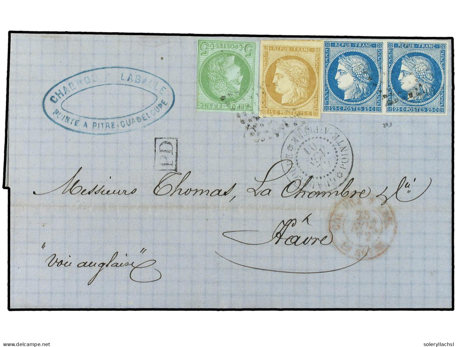 GUADALUPE. 1872 (Nov 10). Outer Letter Sheet From Pointe A Pitre To Le Havre With Three Colour Franking Of 1872-77 Imper - Other & Unclassified