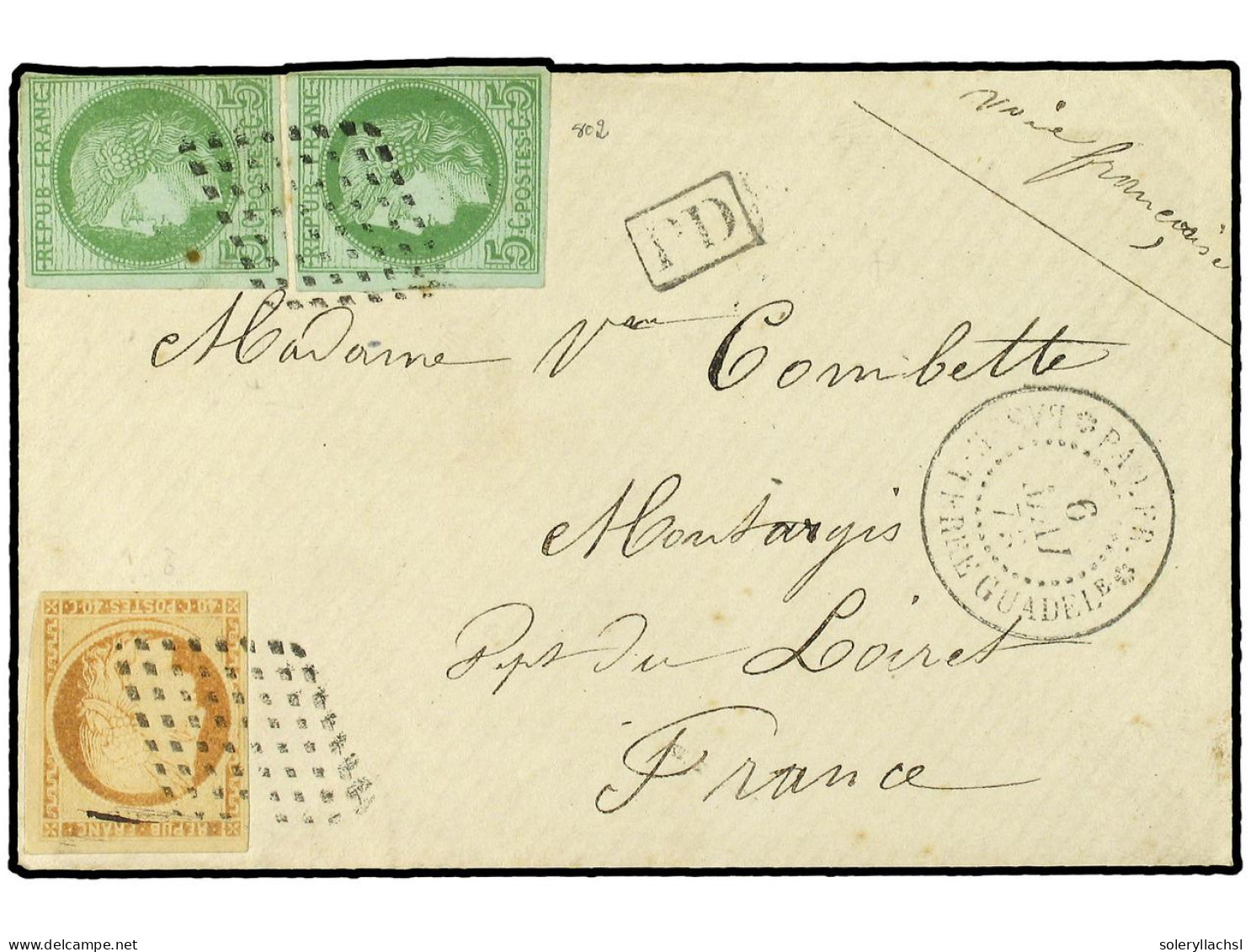 GUADALUPE. 1873 (May 6). Cover From Basse-Terre To France Franked By 1871 40c Orange And 1872-77 5c Green (2) Tied By Do - Otros & Sin Clasificación