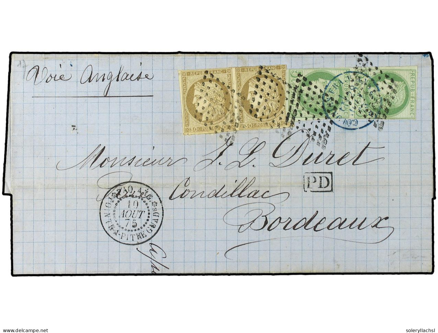 GUADALUPE. 1875. Entire To Bordeaux Franked Imperf Pairs 5c & 30c, Both Cut Into, Tied By Dotted Lozenge & Blue 'Colonie - Other & Unclassified