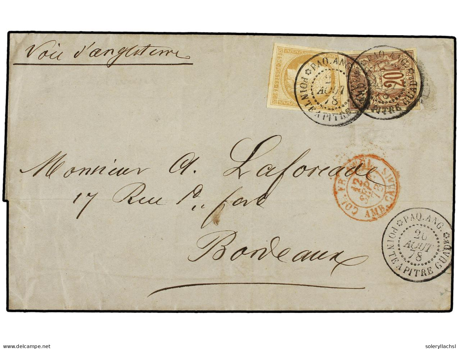 GUADALUPE. 1878 (Aug 26). Cover To BORDEAUX By British Packet With Mixed Issue Franking Of Ceres 1872-77 15c. Bistre Lar - Andere & Zonder Classificatie