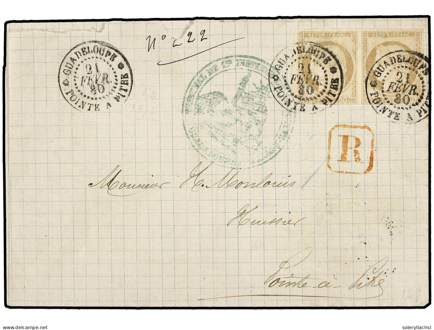 GUADALUPE. 1880 (Feb. 21). Internal Cover Sent Registered Within POINTE A PITRE Franked By Imperforate Ceres 1872/77 30  - Sonstige & Ohne Zuordnung