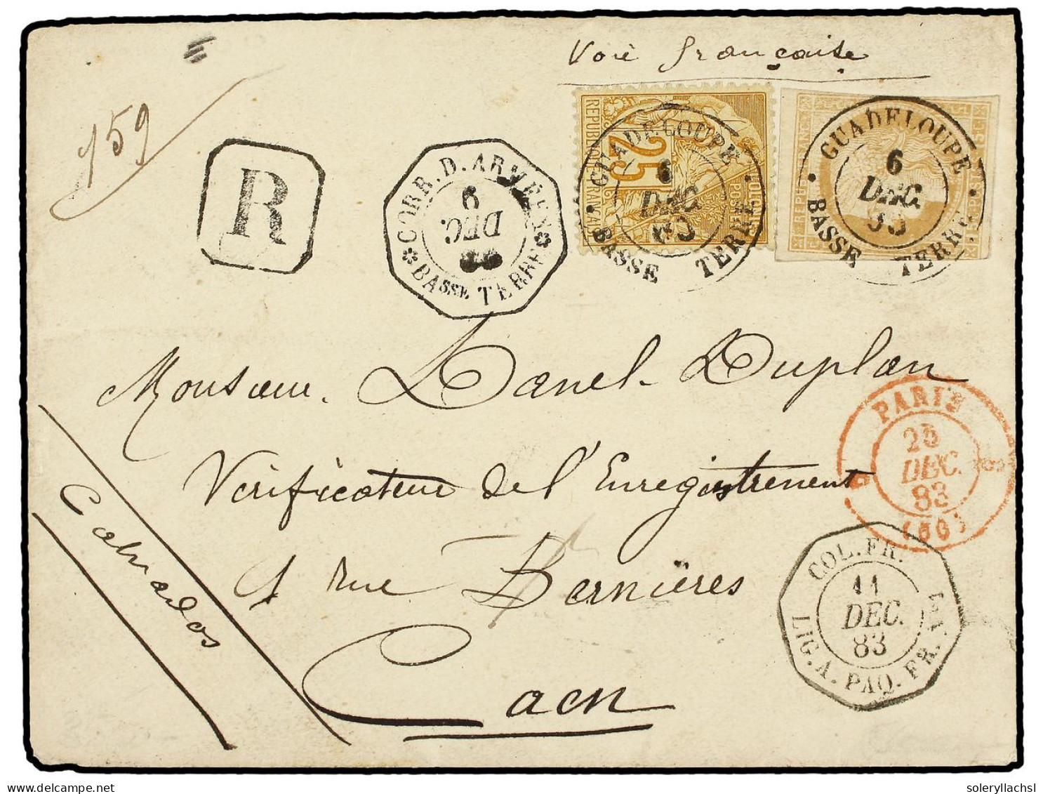 GUADALUPE. 1883 (Dec. 6). Registered Cover To Caen Franked At Military Concession Rate With Mixed Issue Usageof General  - Other & Unclassified