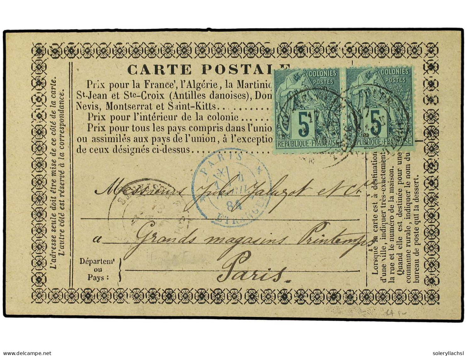 GUADALUPE. 1884. Postal Stationary Card Addressed To FRANCE Bearing French General Colonies 5 C Green (pair) (Yvert 49)  - Autres & Non Classés