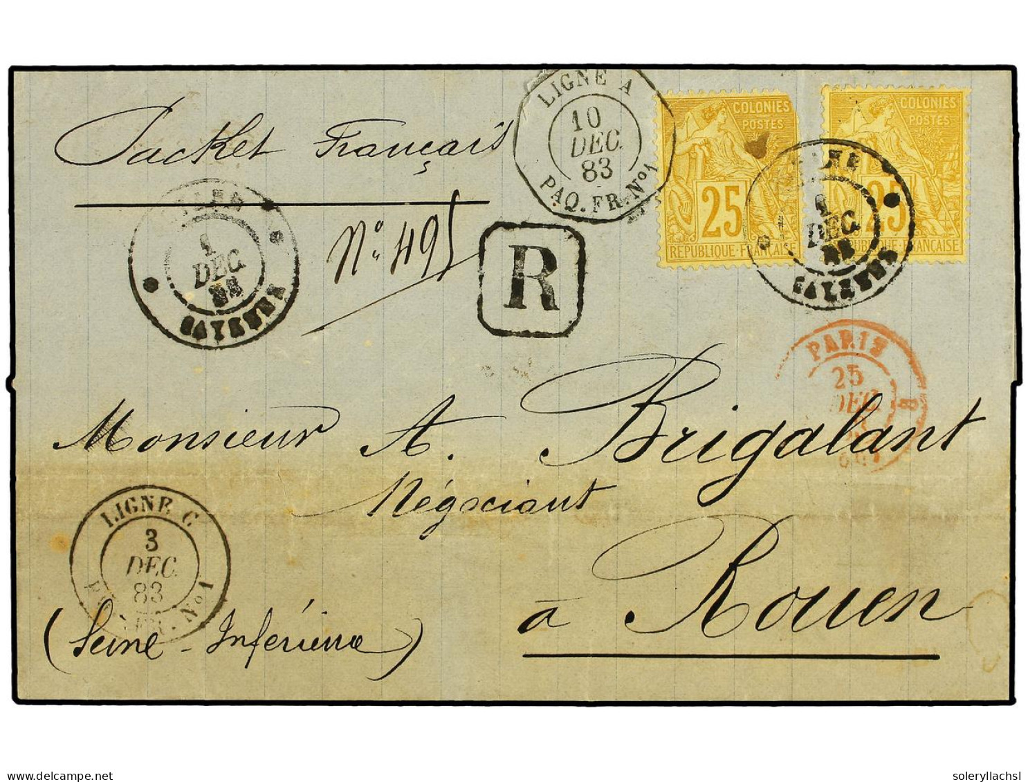 GUAYANA FRANCESA. 1883 (Dec 1). Outer Letter Sheet Sent Registered From CAYENNE To ROUEN Franked By 1881 Dubois 25c. Bis - Autres & Non Classés