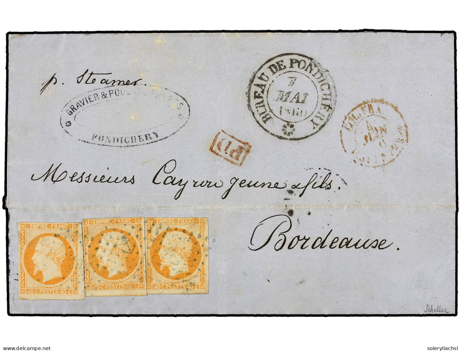INDIA FRANCESA. 1860. Cover From PONDICHERY To BORDEAUX Endorsed 'p. Steamer', Franked By France 1852 40c. Orange (3) Pa - Autres & Non Classés