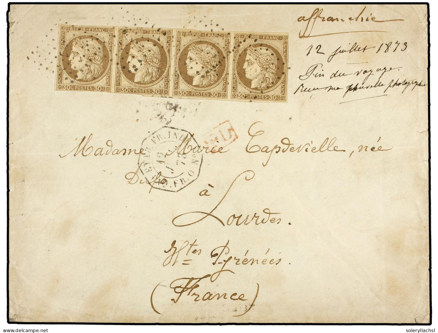 INDIA FRANCESA. 1873 (July 12). Double Rate Cover To LOURDES Franked By 30 C. Strip Of Four, Margins Just Touched To Ver - Andere & Zonder Classificatie