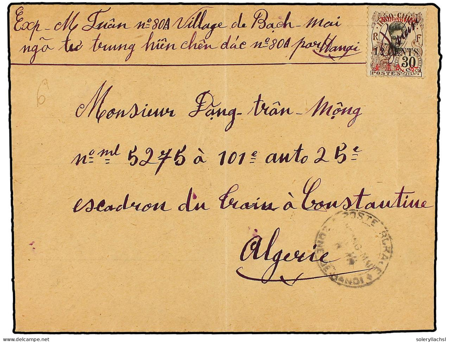 INDOCHINA. 1920. Envelope (vertical Fold) Written From Bach-Mai Village Addressed To ALGERIA, North Africa Bearon Tchong - Sonstige & Ohne Zuordnung