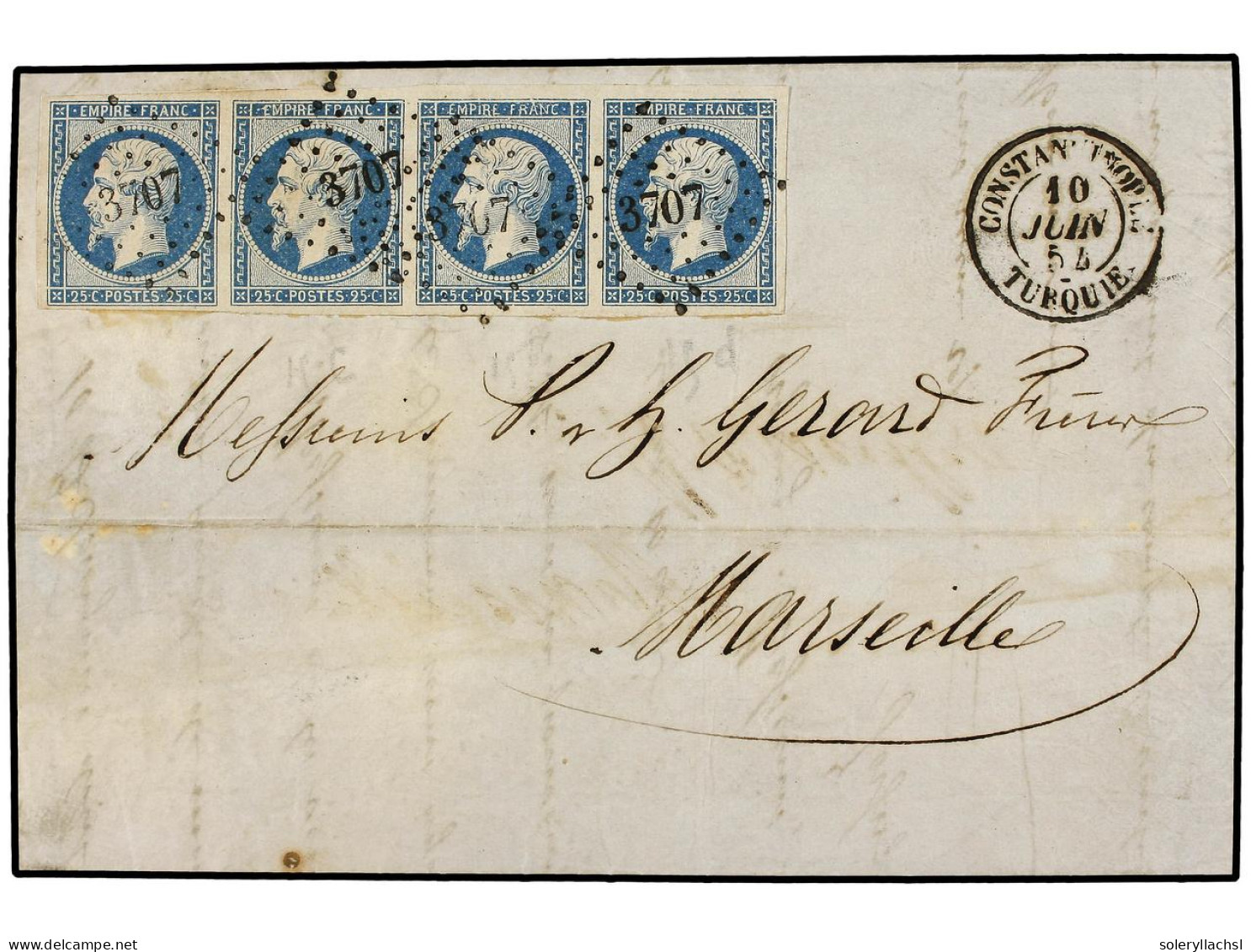 LEVANTE: CORREO FRANCES. 1854 (June 10). Cover From CONSTANTINOPLE To MARSEILLE Franked By Large Margined 1853 25c. Blue - Andere & Zonder Classificatie