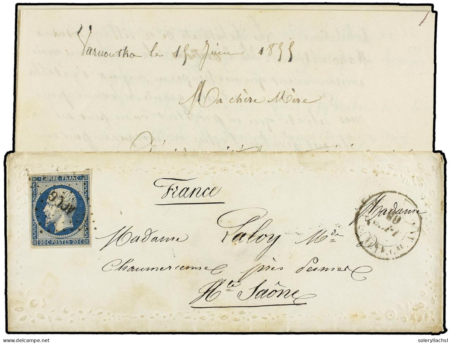 FRANCIA. 1855 (June 9). CRIMEAN WAR. Ladies's Embossed Envelope With Complete Original Contents Sent To FRANCE From VARN - Autres & Non Classés