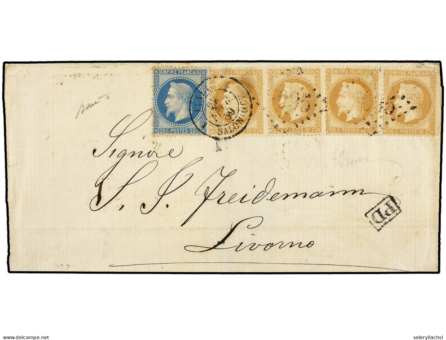 LEVANTE: CORREO FRANCES. 1869. SALÓNICA A LIVORNO. 10 Cts. Bistre (4) Y 20 Cts. Azul. Mat. Rombo De Puntos '5095' Y Fech - Andere & Zonder Classificatie