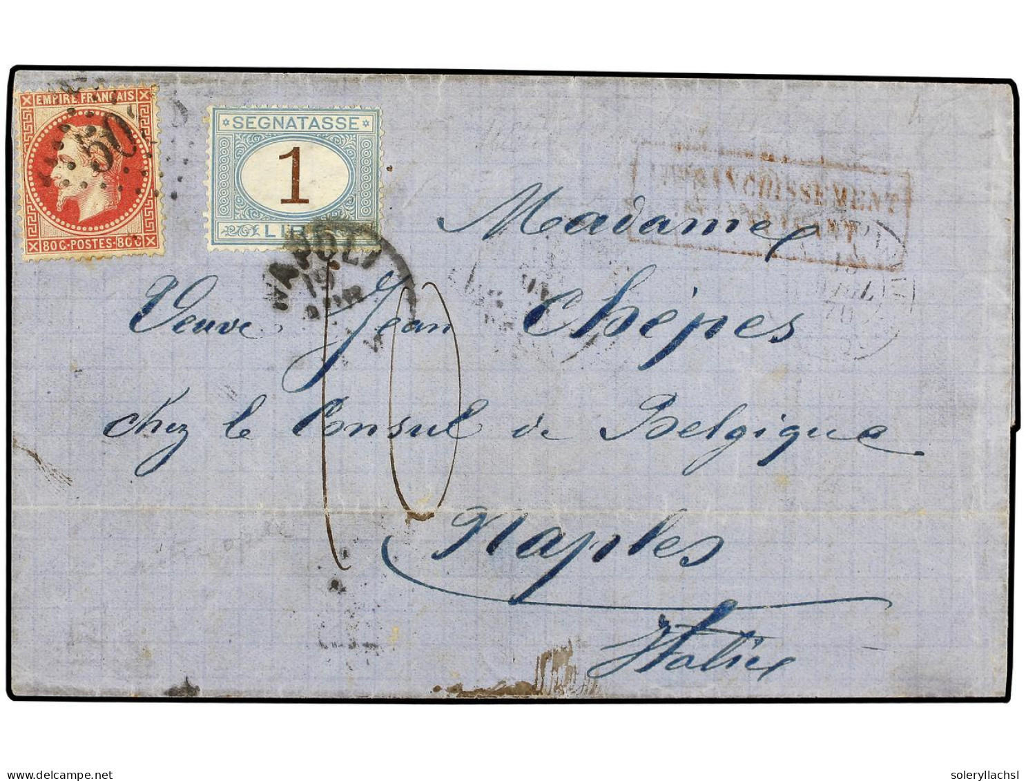 LEVANTE: CORREO FRANCES. 1870 (13 Apr.). Envelope From CONSTANTINOPLE To NAPLES, Bearing 1867 80 C. Carmine Tied By Part - Autres & Non Classés