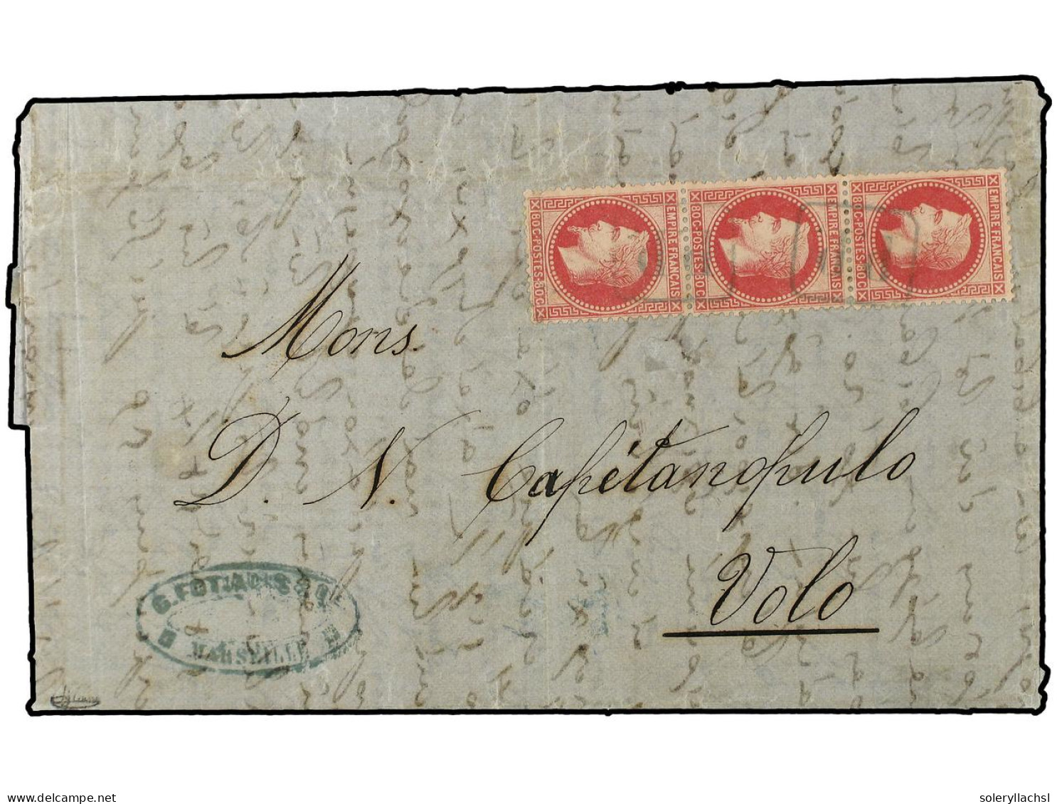 LEVANTE: CORREO FRANCES. 1872 (June 22). Entire Letter From Marseille To Volo Franked By 1867 80c. Carmine Rose In A Ver - Autres & Non Classés