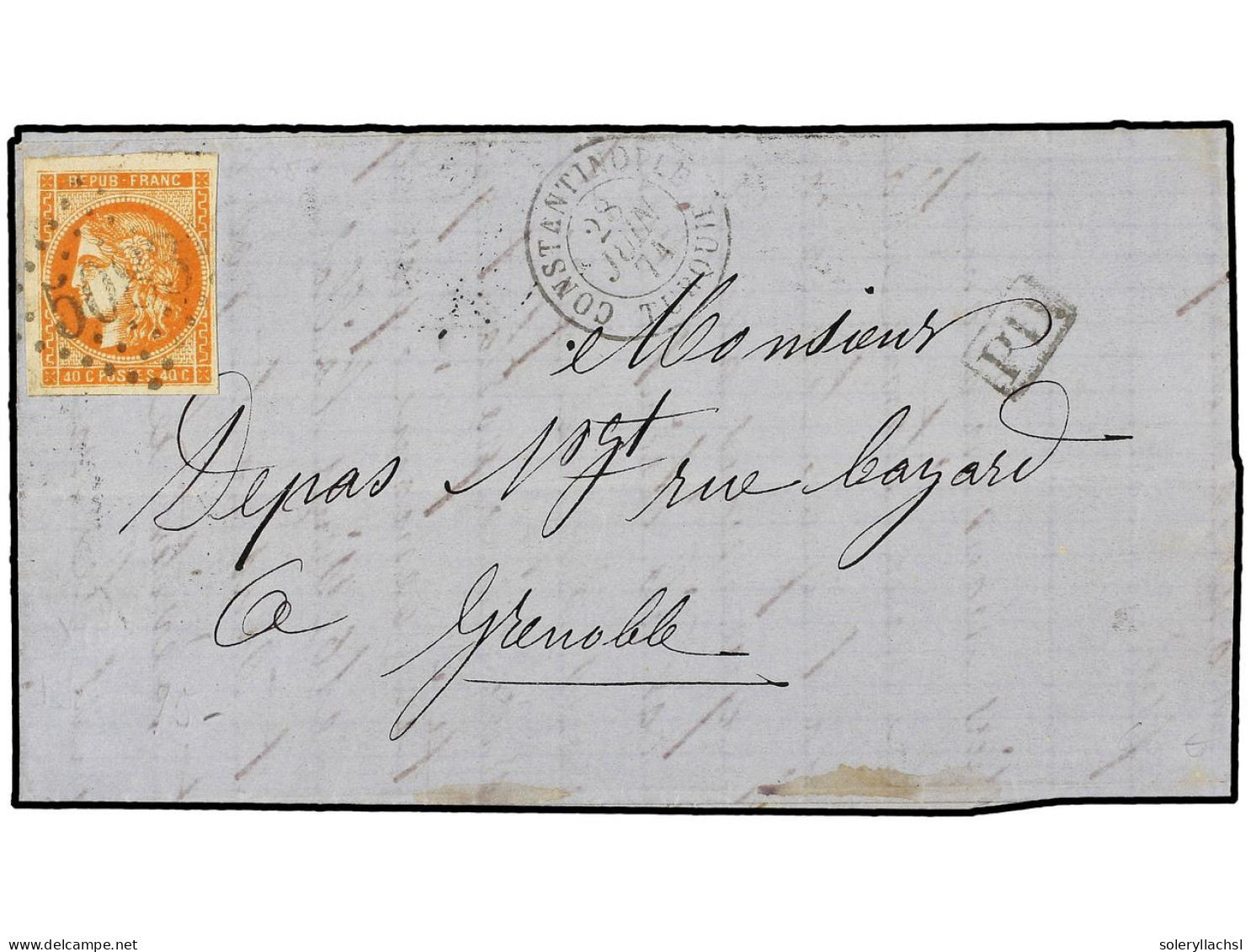 LEVANTE: CORREO FRANCES. 1874. CONSTANTINOPLA A FRANCIA. Circulado Con Sello De Francia De 40 Cts. Naranja (Yv. 48), Mat - Autres & Non Classés