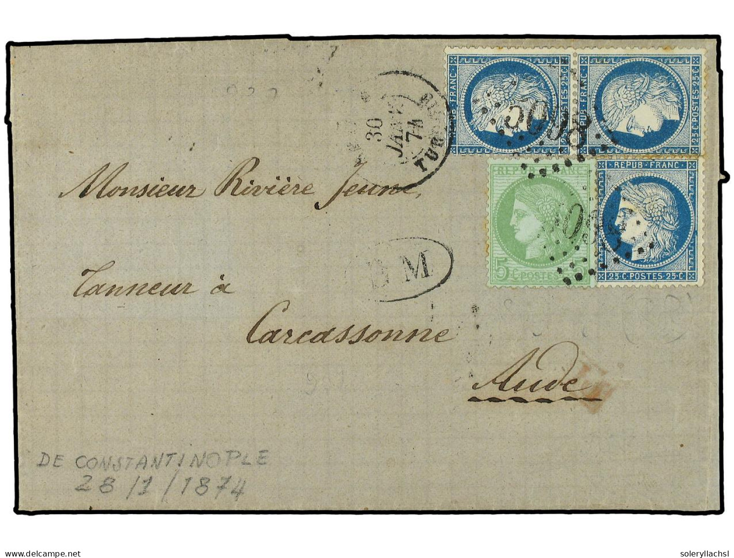 LEVANTE: CORREO FRANCES. 1874. CONSTANTINOPLE A CARCASSONE. 5 Cts. Verde, 25 Cts. Azul (3). Mat. GP 5098 Y Fechador SMYR - Autres & Non Classés