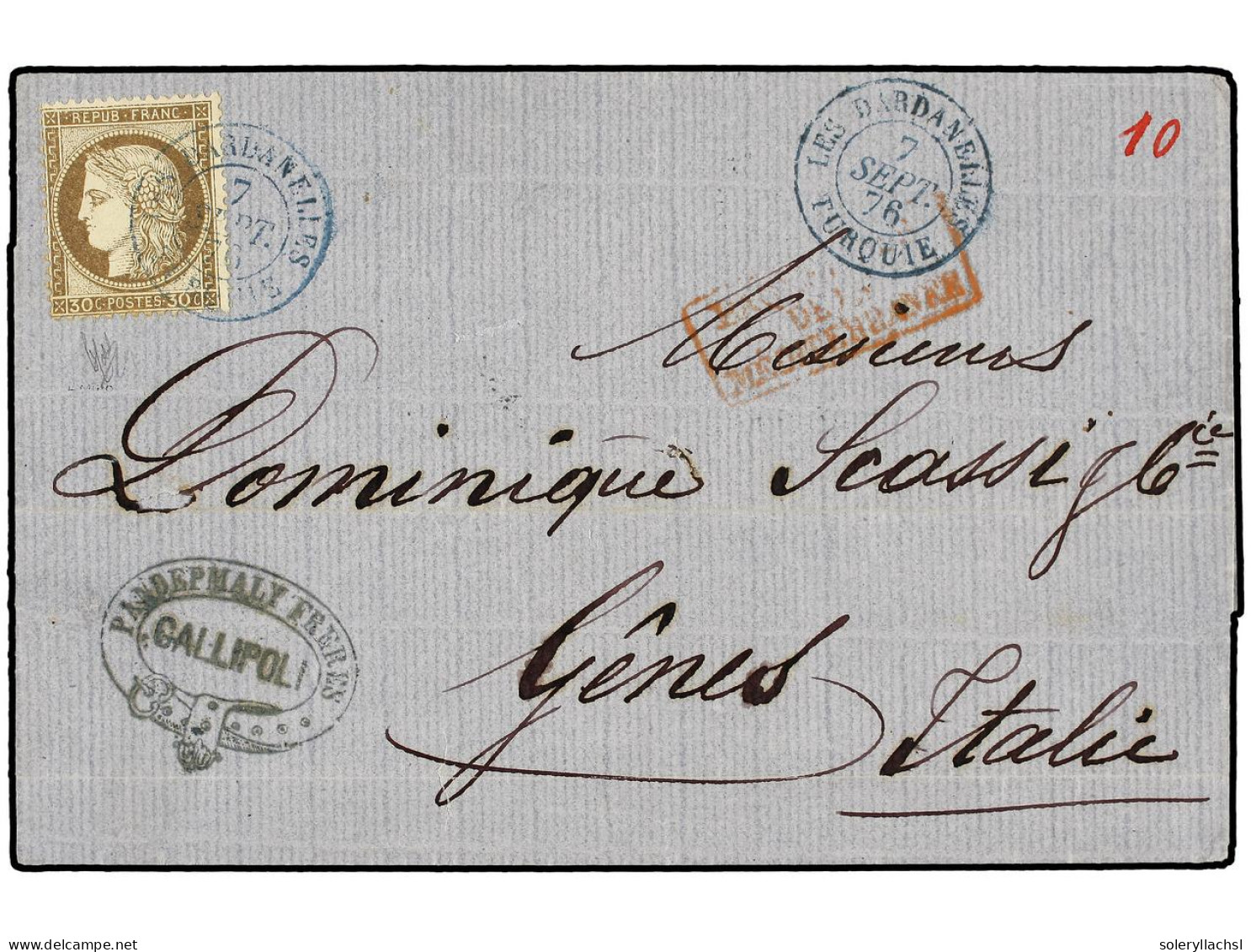 LEVANTE: CORREO FRANCES. 1876. GALLIPOLI (Turkey) To GENOVE (Italy). Folded Letter Franked With French 30 Cts. Brown Sta - Altri & Non Classificati