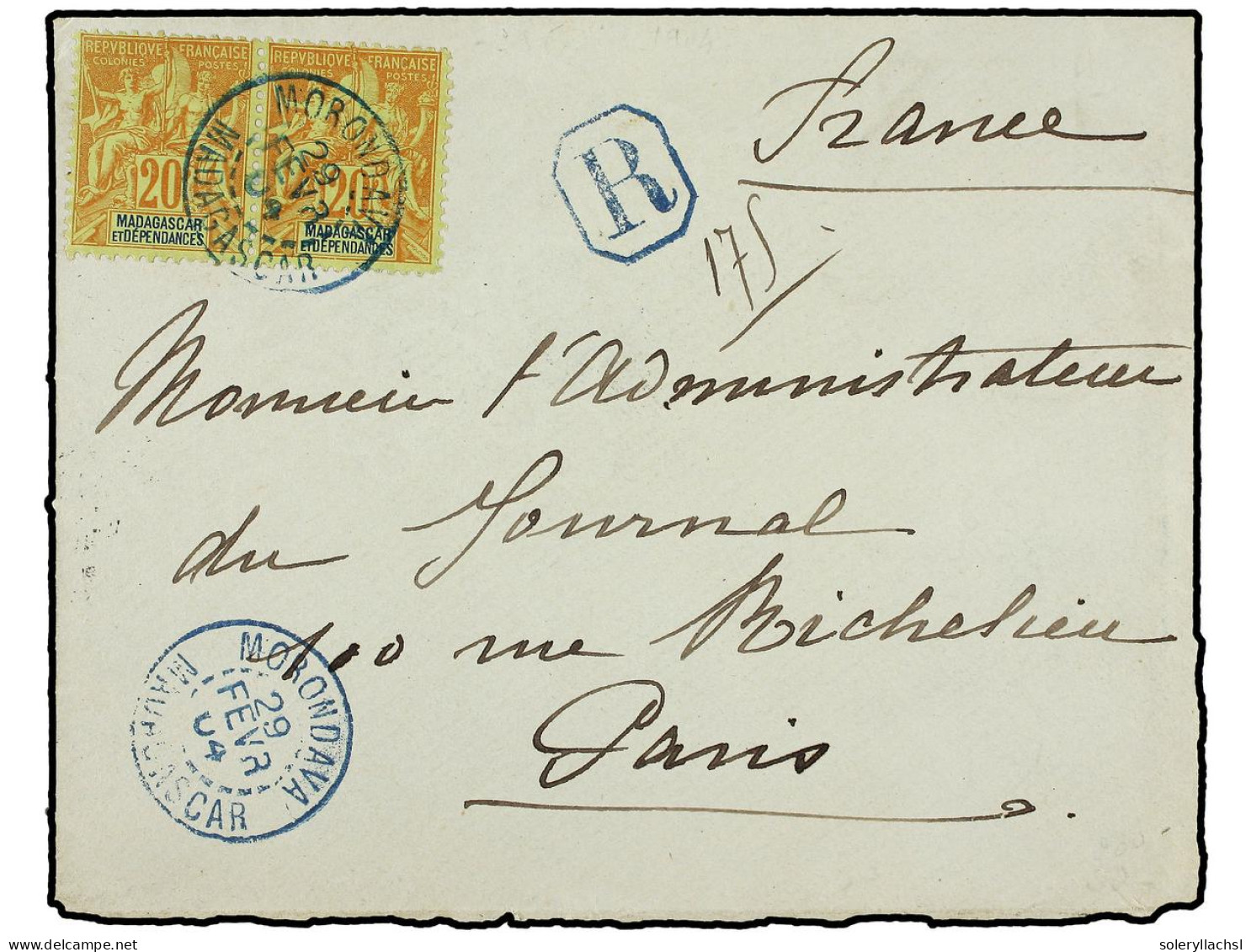 MADAGASCAR. 1904 (Feb 29). Registered Cover To PARIS Franked By 1896-99 20c. Brick Red On Greenish Pair Tied By Bold Str - Other & Unclassified