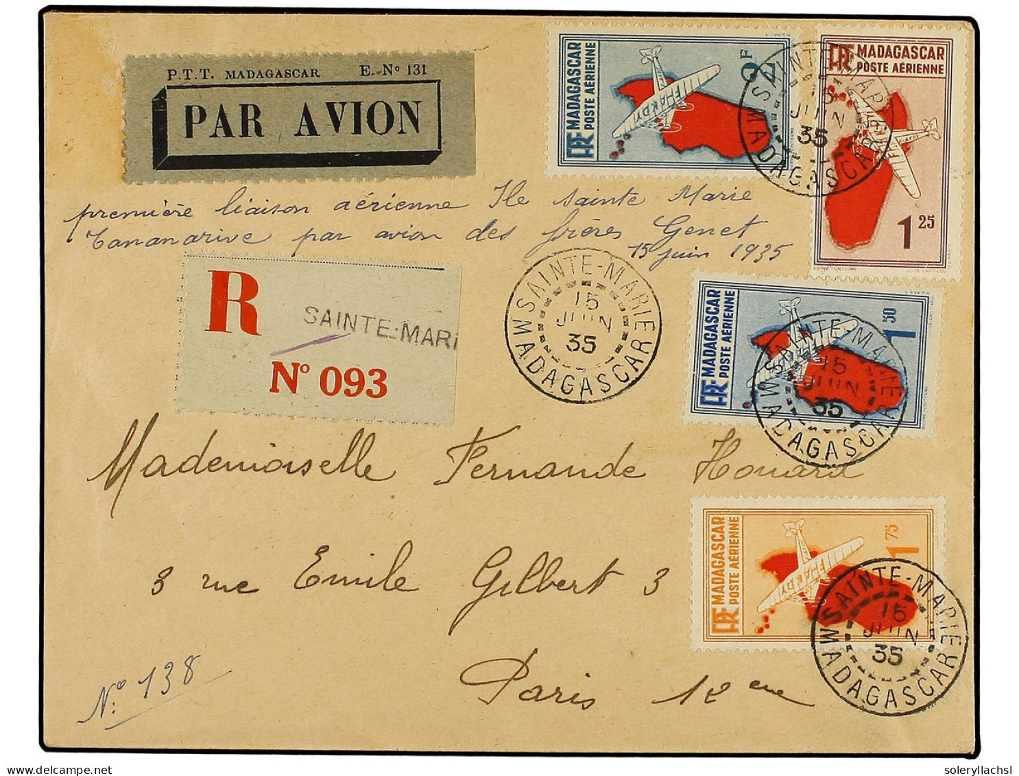 MADAGASCAR. 1935 (15-V). SAINTE MARIE A PARIS. PRIMER Vuelo ISLA DE SAINTE MARIE-TAMANARIVE. Carta Con Franqueo De 1,25, - Sonstige & Ohne Zuordnung