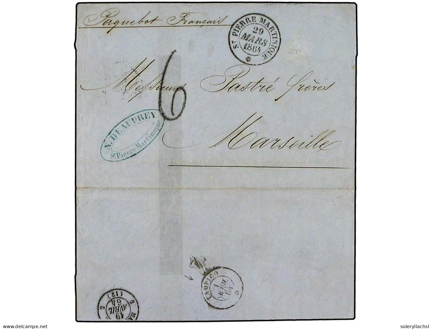 MARTINICA. 1864 (March 29). Cover To Marseille Bearing Superb Strike Of ST PIERRE-MARTINIQUE Cds Of Despatch In Black, V - Sonstige & Ohne Zuordnung
