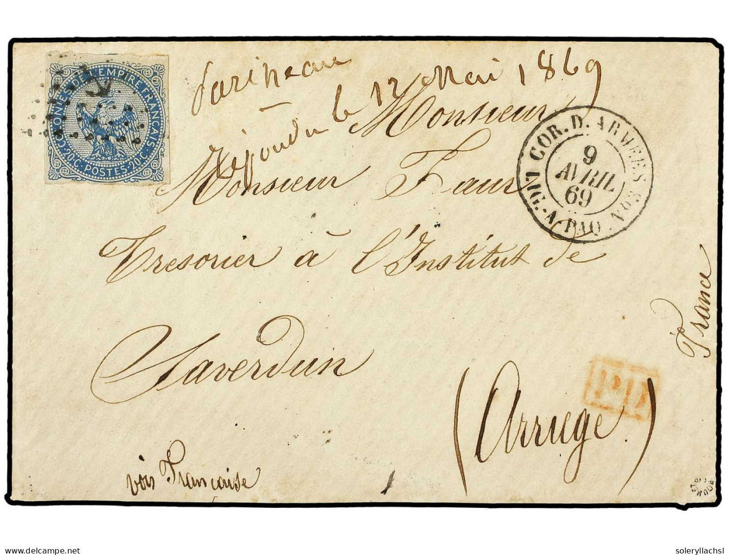 MARTINICA. 1869 (9 Abril). Sobre Matasellado En La Escala De PORT DE FRANCE. Circulada A FRANCIA Con Sello De 20 Cts. Az - Autres & Non Classés