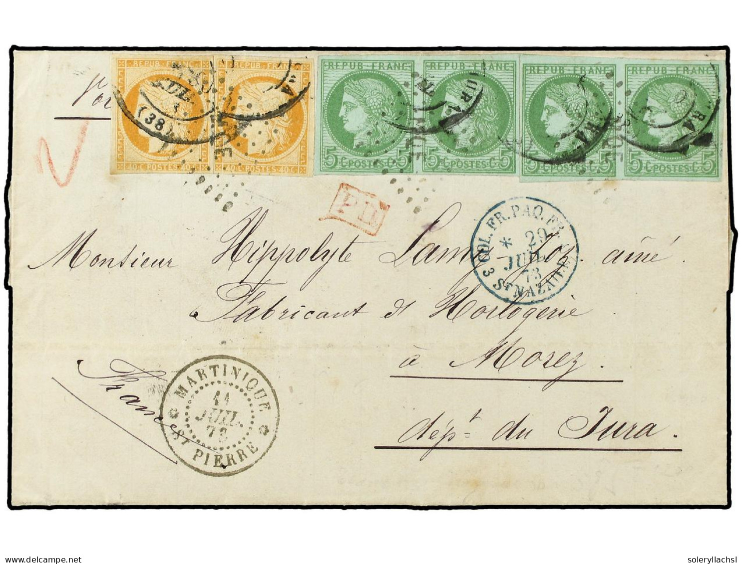 MARTINICA. 1873 (July 11). Entire Letter To France At Double Rate Bearing 1871-72 40c. Orange On Yellowish (2) And 1872- - Sonstige & Ohne Zuordnung