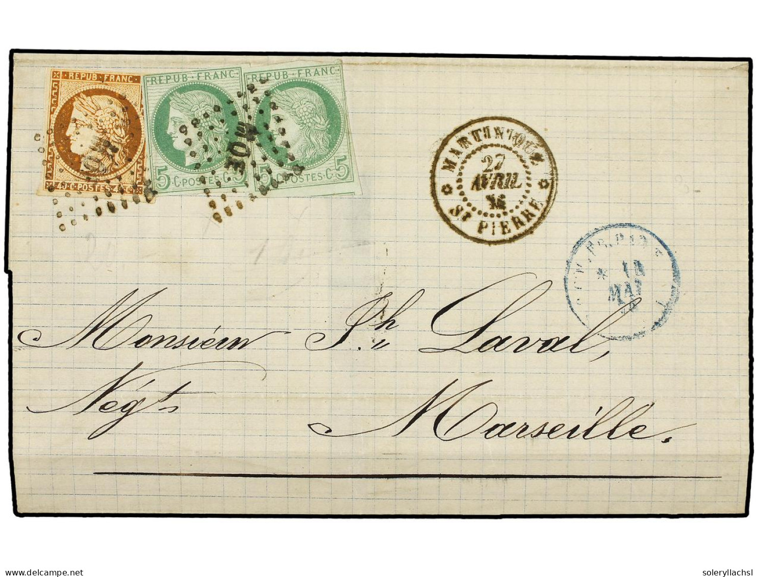 MARTINICA. 1876 (April 27). Cover To MARSEILLE Franked By General Issue 1871-77 5. Green On Greenish (2) And 40c. Orange - Autres & Non Classés