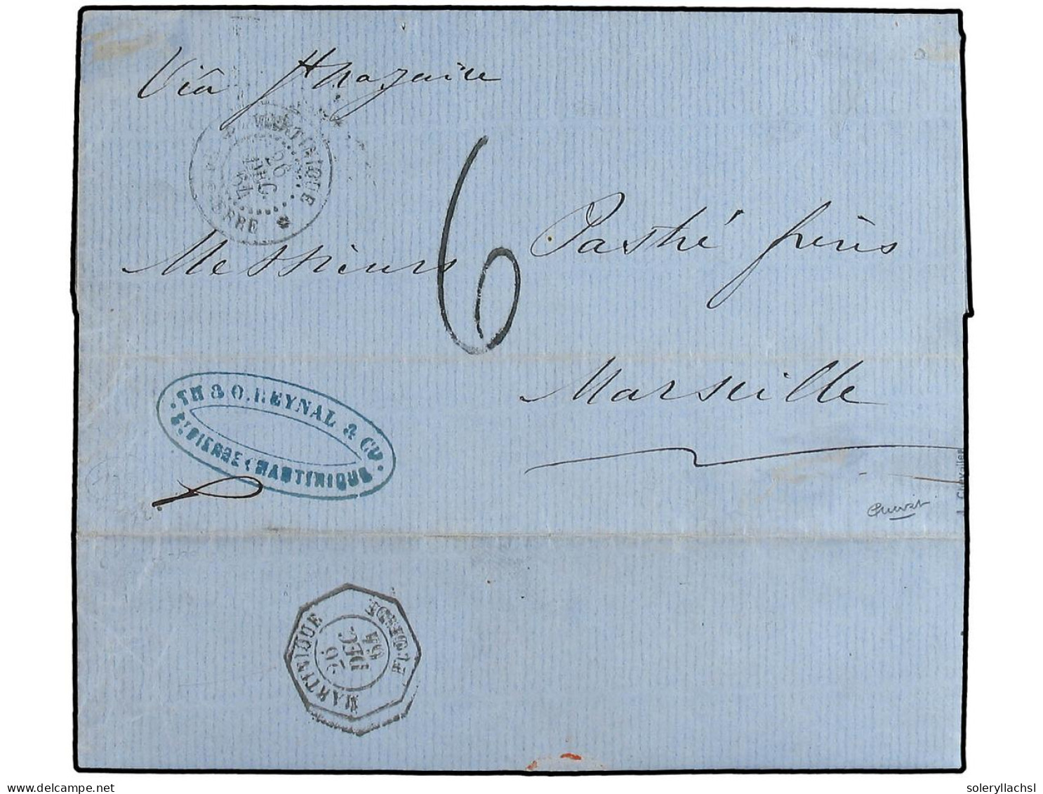 MARTINICA. 1864. Stampless Envelope To France Cancelled By ST PIERRE MARTINIQUE Double Ring Sent On The Steamer CARAIBE  - Autres & Non Classés