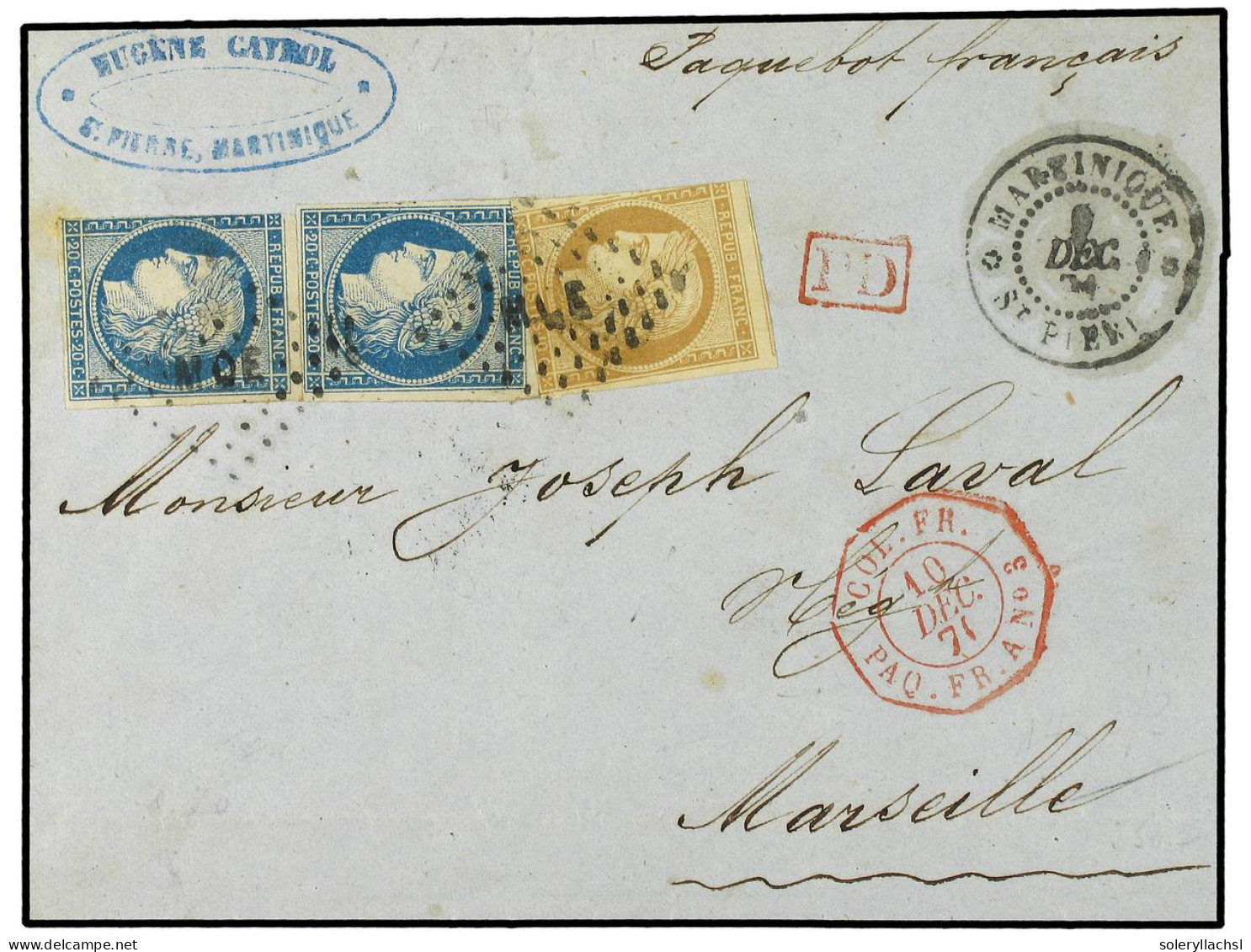 MARTINICA. 1871. ST. PIERRE A FRANCIA. Circulada Con Sellos De Colonias De 10 Cts. Bistre Y 20 Cts. Azul (2), Fechador O - Andere & Zonder Classificatie