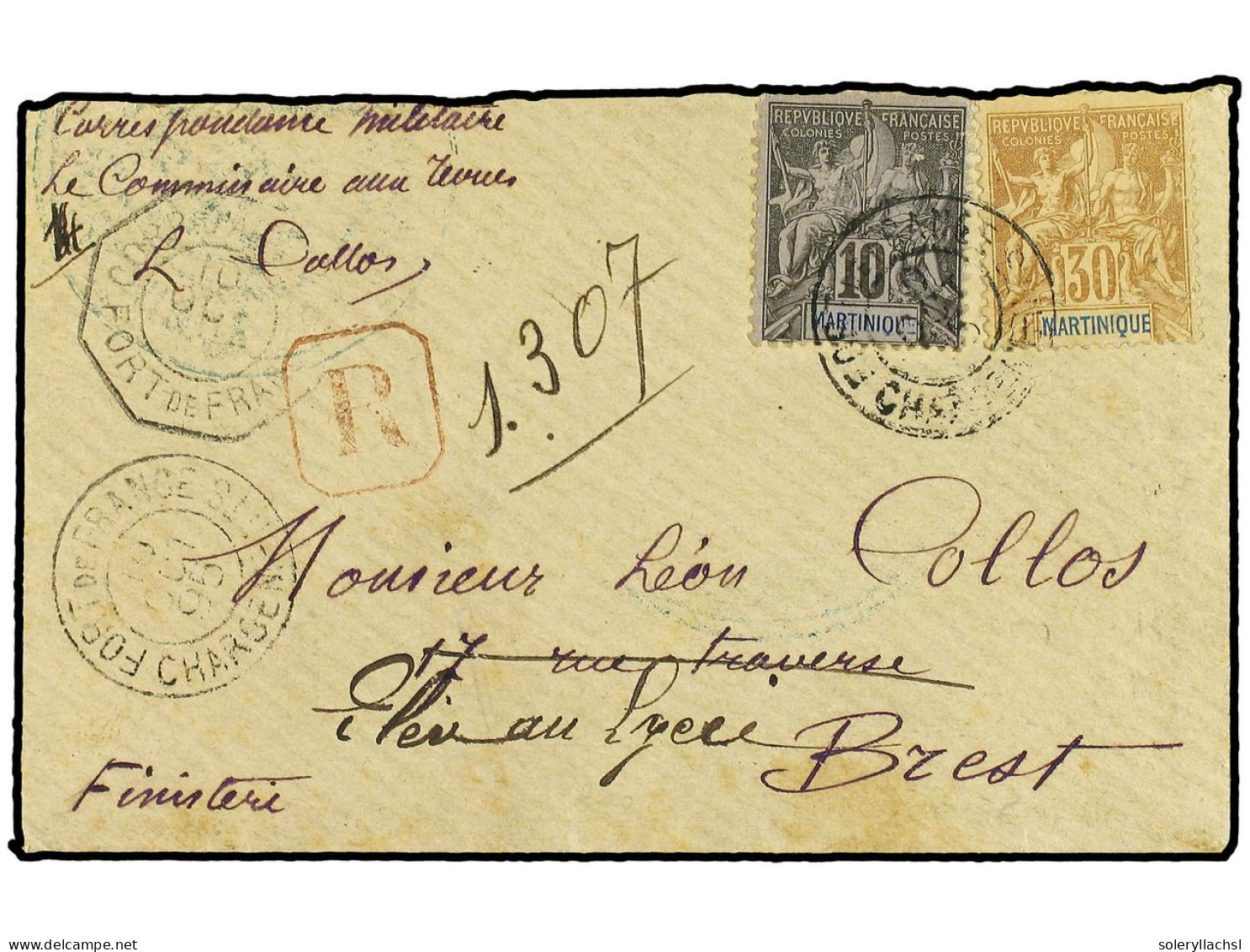 MARTINICA. 1895. Registered Military Mail Envelope To France Bearing 10 C Black (Yvert 35) And 30 C Brown (Yvert 39) Tie - Other & Unclassified