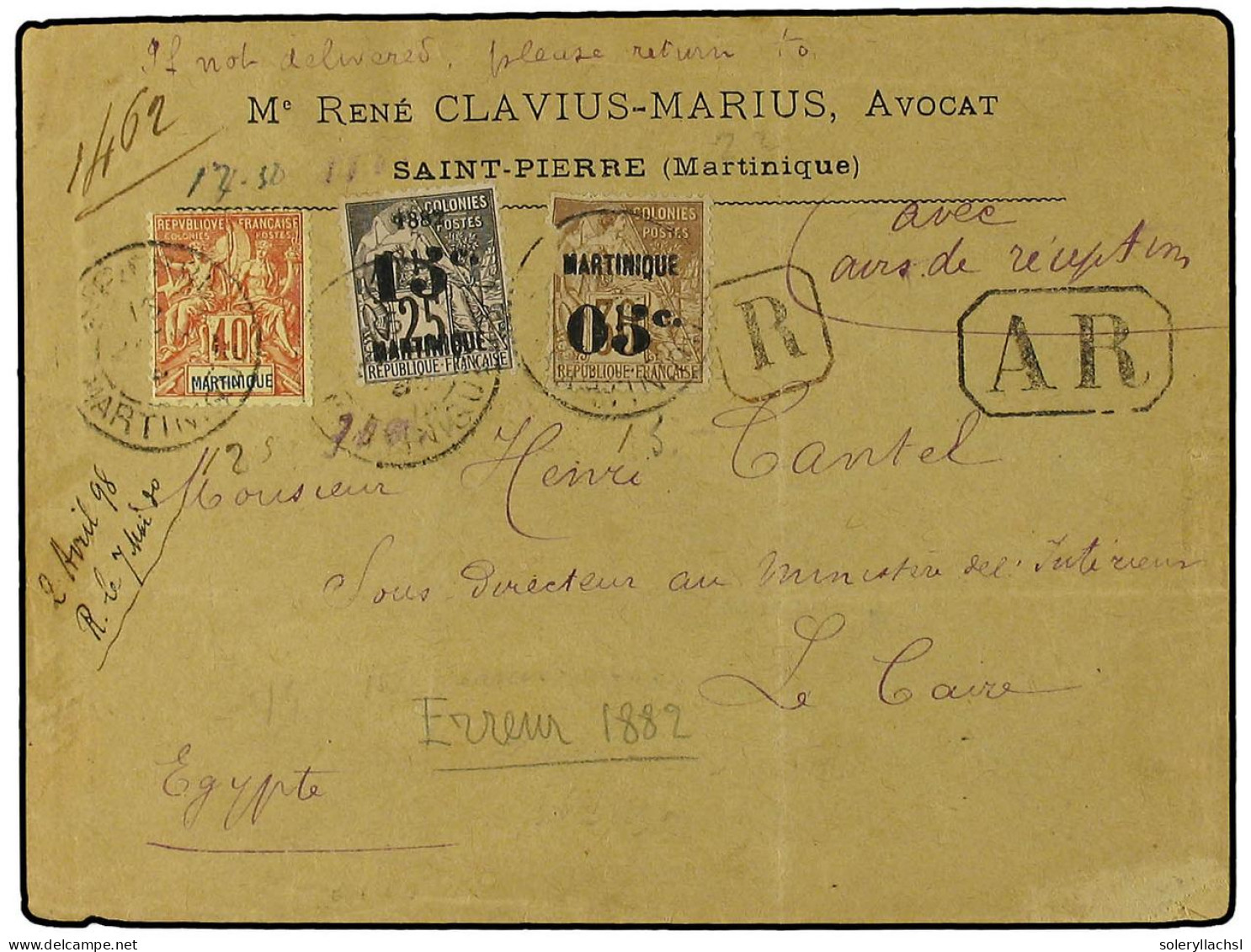 MARTINICA. 1896. Registered Envelope To EGYPT Bearing 05 On 30 Cents Brown (Yvert 12, Fault), 15 On 25 Cents Black (Yver - Other & Unclassified