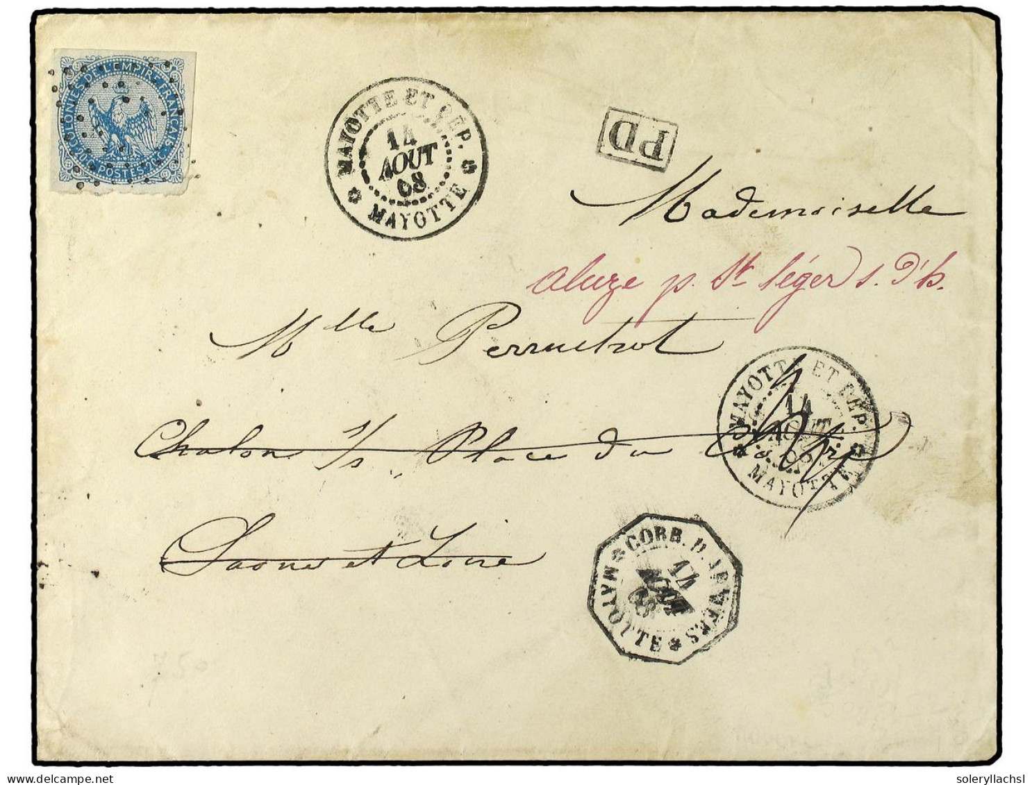 MAYOTTE. 1868. MAYOTTE A FRANCIA. Sobre Enviado Por Un Militar Francés, Al Dorso Manuscrito 'Present A Mayotte, Le 14 Ao - Other & Unclassified