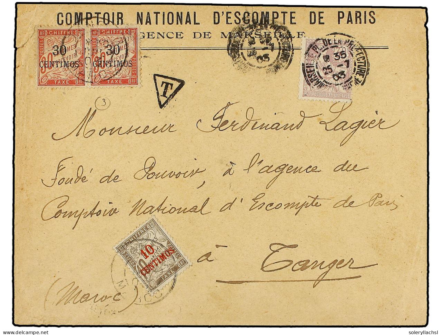 MARRUECOS. 1903. PARÍS A TÁNGER. 30 Cts. Lila, Tasada A La Llegada Con Sellos De 10 Cents. S. 10 Cts. Castaño Y 30 Cts.  - Other & Unclassified