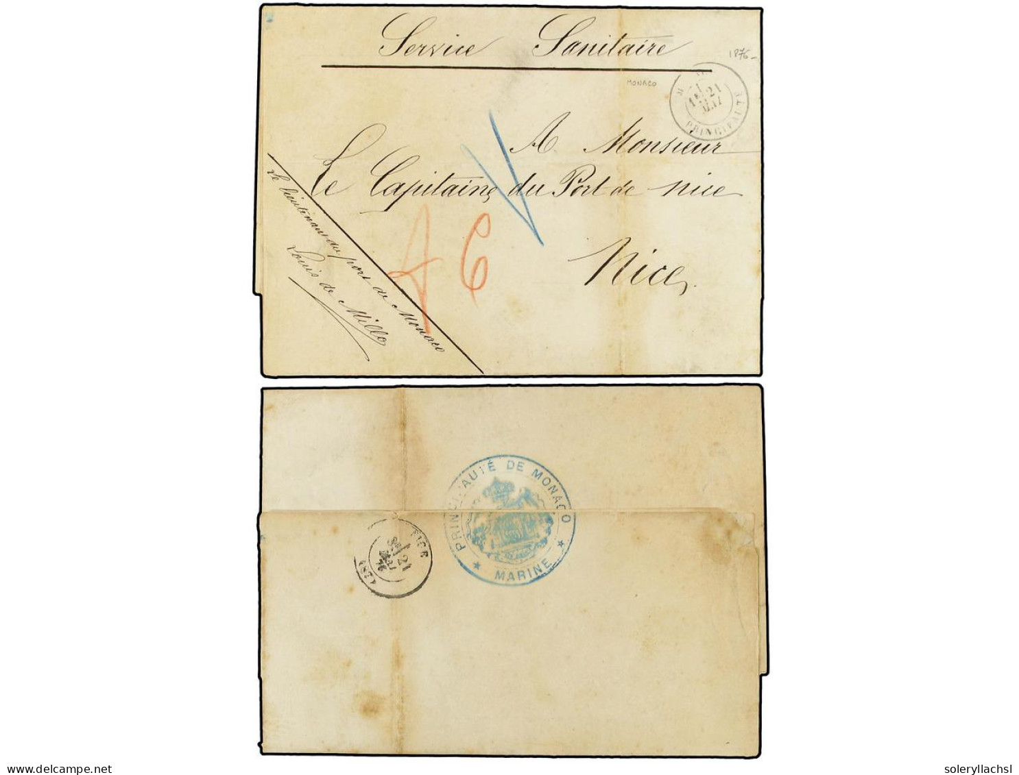 MONACO. 1876 (May 21). Folded Entire Letter To 'Le Capitaine Du Port De Nice' Endorsed At Top 'Service Sanitaire' Sent B - Sonstige & Ohne Zuordnung