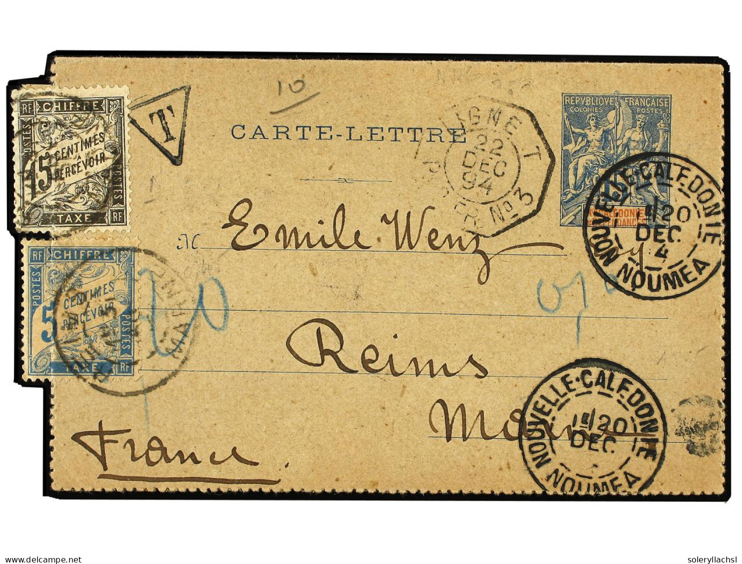 NUEVA CALEDONIA. 1904 (Dec 20). 15c. Blue & Red On Buff Postal Stationery Letter-card, Used Example Mailed From NOUMEA T - Sonstige & Ohne Zuordnung